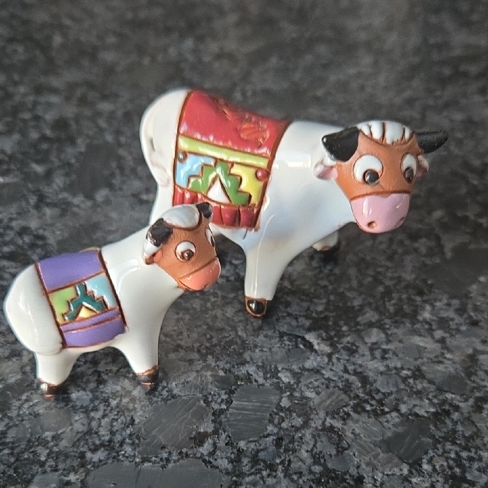Hand Crafted Bolivia Clay Pottery Painted Colorful Cow Calf Figurines